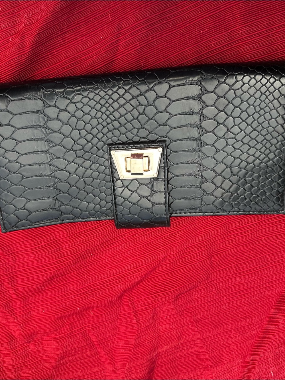 Black Croc-Embossed Leather Wristlet Clutch with Gold Turn-Lock